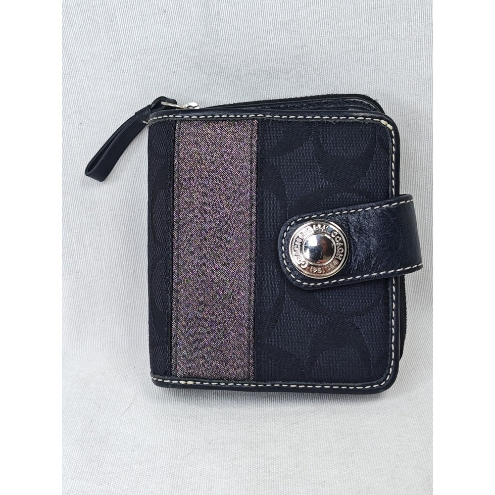 COACH 40751 Legacy Signature Stripe Bifold Compact Wallet Glitter Black Canvas